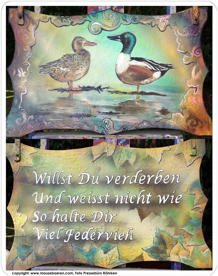 Schildermalerei Logo fr Federviehhaltung Freilandhaltung Hobbyzucht Enten, Erpel, ente, mausebaeren, mausebren, mausebaer, mausebr, design by Christine Dumbsky